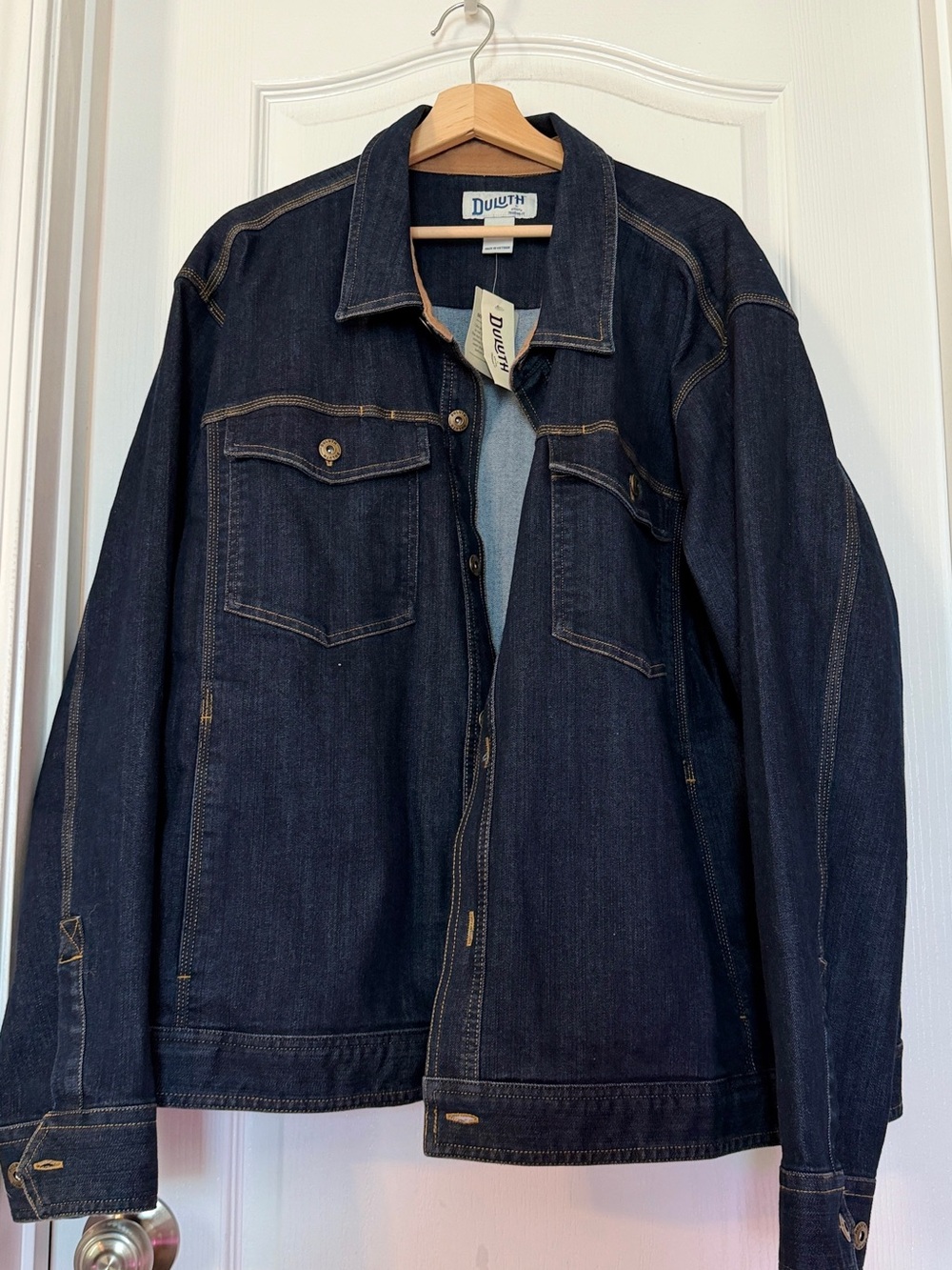 Duluth Trading Co Indigo Denim Jacket with Tan Accents